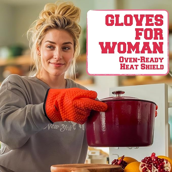 KITCHEN PERFECTION S Silicone Smoker Oven Gloves for Women -Extreme Heat Resistant BBQ Gloves -Handle Hot Food Right on Your Grill Fryer |Waterproof Oven Mitts for Cooking |Superior Set+3 Bonuses