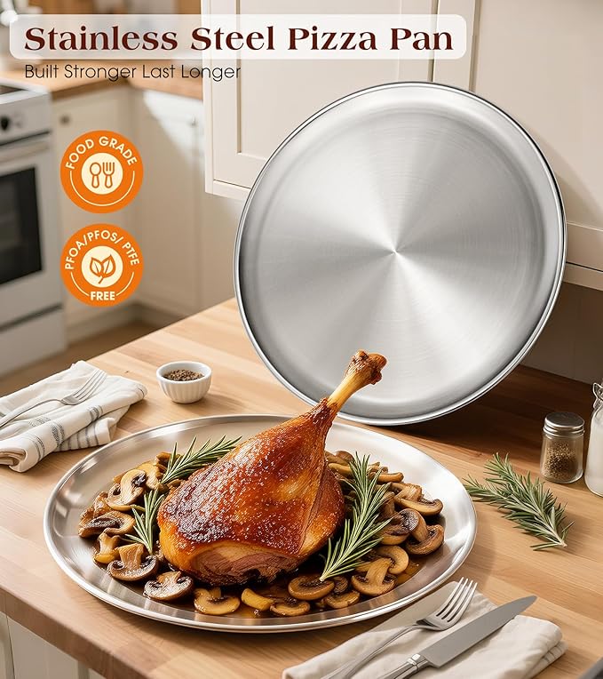13½ Inch Stainless Steel Pizza Pan Set of 2, Pizza Pan for Oven, Steel Pizza Tray for Baking Cookie Pie Cake, Round Stainless Steel Pizza Plate Pizza Baking Sheet, Easy Clean & Dishwasher Safe