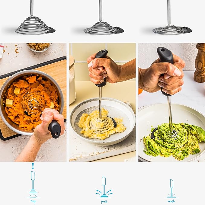 Dreamfarm Smood One-Handed & Ergonomic Soft-Grip, Stainless-Steel Vegetable & Potato Masher with Silicone Bowl Scraper - Black