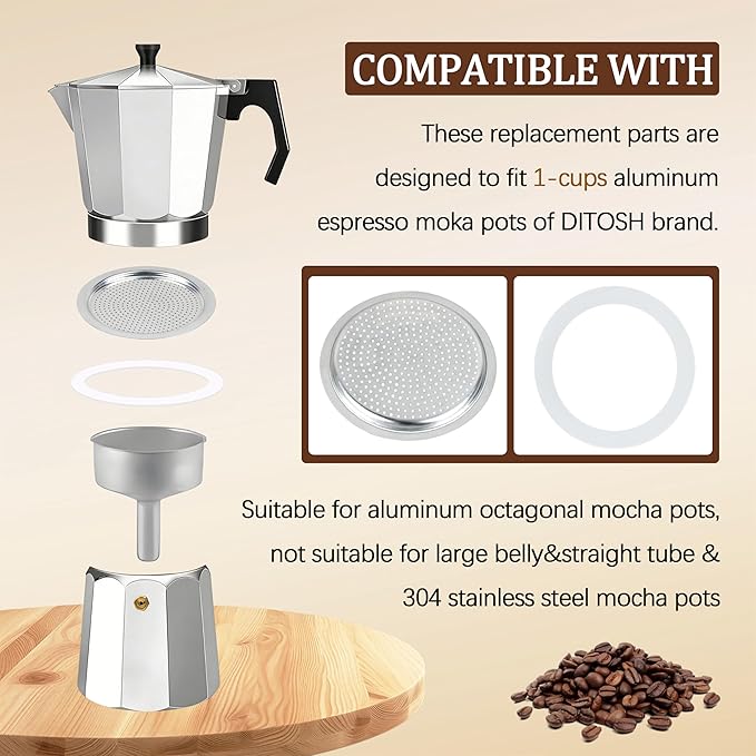 Silicone Sealing Ring Aluminum Replacement Filter 1 Cup For Stove Top Espresso Maker Replacement Filler Parts Set Includes 1 Filter and 3 Upgraded Silicone Fings