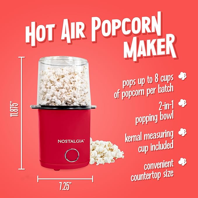 Nostalgia 8-Cup Hot Air Popcorn Maker & Bowl - 2-In-1 Bowl & Lid, 2 oz Measuring Cup - Oil-Free Pop Corn for Movie Night, Snacks, Birthday Parties, and More - Red