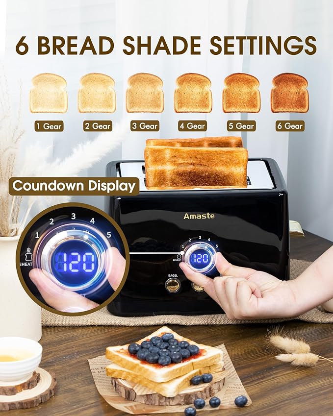 2 Slice Toaster, Retro Bread Toaster with LED Display, Extra Wide Slots Toasters with 6 Bread Shade Settings, Bagel, Cancel, Defrost Function, Stainless Steel with High Lift Lever, Removal Crumb Tray
