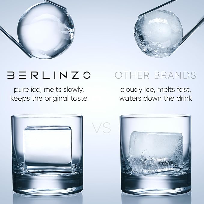 Berlinzo Clear Ice Cube Maker Mold - Combo 2+2 Crystal Clear Ice Cubes & Balls - Ice Square Maker Mold, Pure Round Ice Spheres for Whiskey, Cocktails & Bourbon (Non-electric)