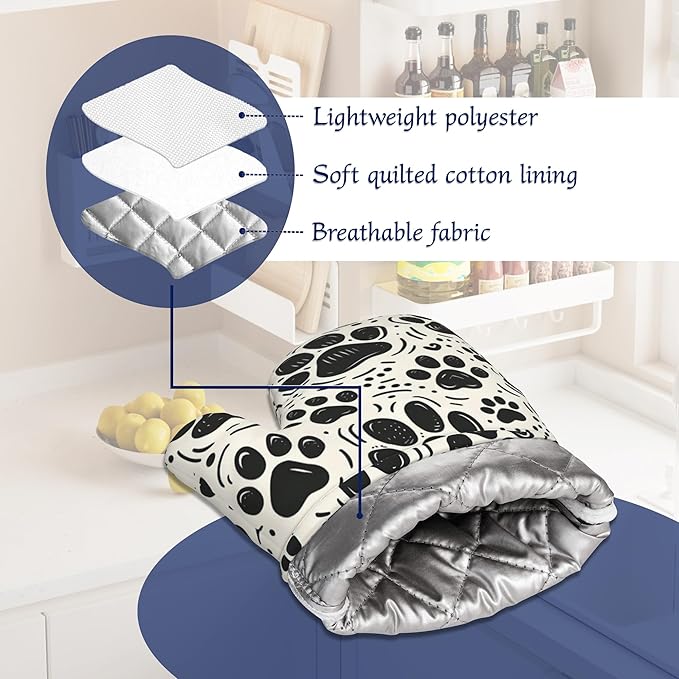 Dog Paw Potholders & Oven Mitts Sets Cat Footprint Paw Prints Silicone Heat Resistant Oven Mits and Hot Pads Non-Slip Pot Holders Gloves for Kitchen Chef Cooking Baking Grilling BBQ