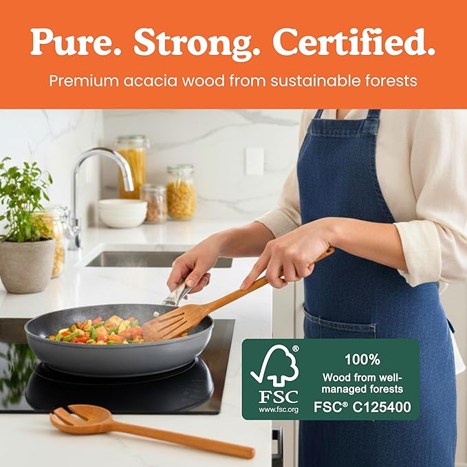 Non-Toxic Cooking Utensils – 6-Piece Kitchen Utensils Set, Glue-Free & One-Piece Wooden Spoons for Cooking, Natural Wooden Utensil Set with Plant-Based Finish, Free of Forever Chemicals
