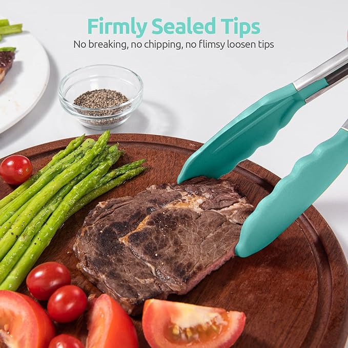 Heat Resistant Silicone Kitchen Tong: U-Taste 12 inch Large 480ºF Hot Proof Cooking Tong with Sturdy Non Stick Rubber Tips & Silicon Coated Steel Handle & Smooth Locking for Serving Salad (Aqua Sky)