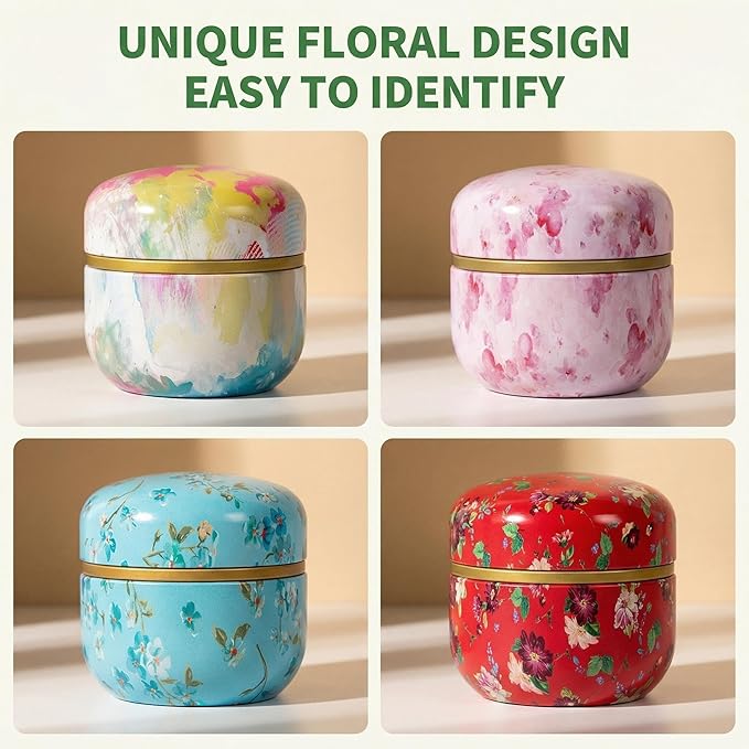 HAN SHENG 6 Pcs Airtight Tea Storage Tins 10 OZ, Vintage Style Food Containers for Loose Leaf Tea & Herbs, Coffee Beans, Spices, Sugar - Floral Embossed Design