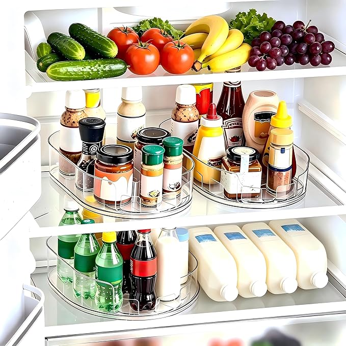 Lazy Susan 360°Rotating Organizer for Refrigerator,13.5“ x 8.5”,Drink Organizer for Fridge,Cabinet, Pantry,or Kitchen Countertop,Organize Condiments, Cans, Beverages,Clear+White,1 Pack