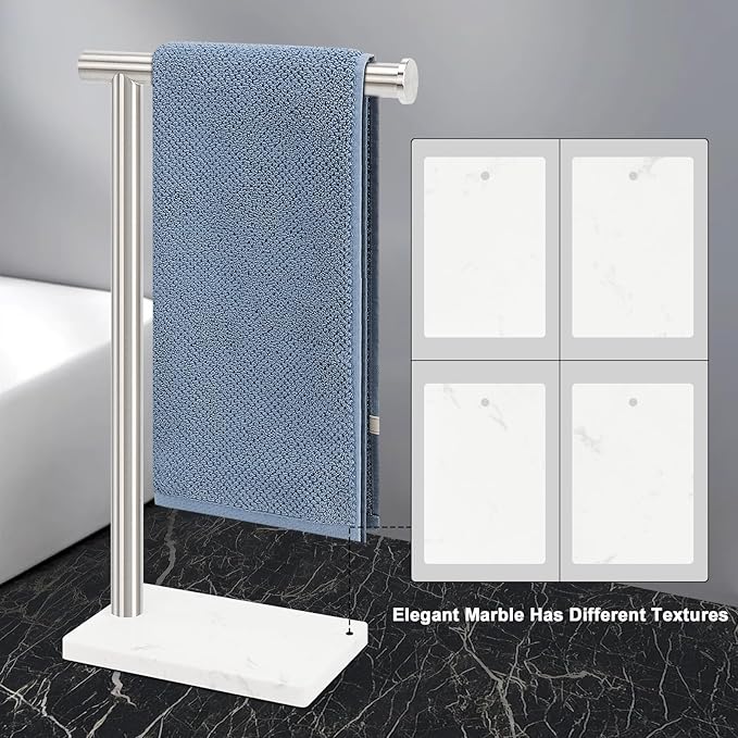 Hand Towel Holder, Hand Towel Stand for Bathroom with Marble Base, 304 Stainless Steel L Shape Hand Towel Rack Bar Standing for Vanity Kitchen Countertop, Brushed Nickel