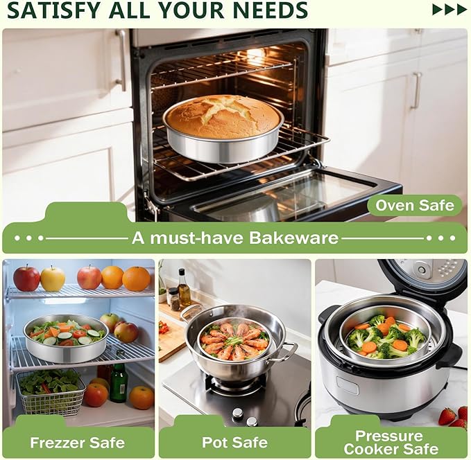 P&P CHEF 9 Inch Cake Pan Set of 4, 4 Pieces Round Layer Cake Baking Pans, Stainless Steel Smash Cake Tin Bakeware for Cooking Steaming, Nontoxic & Sturdy, Oven & Dishwasher Safe