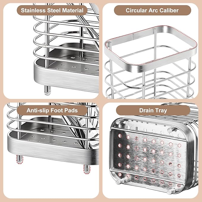 Utensil Holder, Stainless Steel Utensil Drying Rack for Kitchen Counter, Silverware Cutlery Flatware Holder Forks, Knives, Spoons, Chopsticks Organizer (Silver)