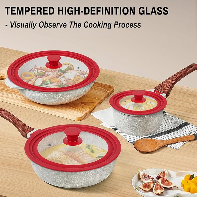 Universal Lids for Pots, Pans and Skillets, Replacement Pan Lid with Tempered Glass and Heat-Resistant Silicone Edge, Fits 6", 7",8" Cookware, Durable Frying Pan Cover