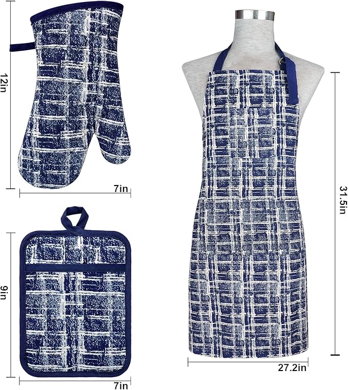 Alselo Oven Mitts and Pot Holders with Cooking Apron,Set of 5 Heat Resistant Kitchen Gloves and Silicone Non-Slip Potholders Adjustable Neck Buckle Chef Apron, Cotton Nice Design for Cooking (Navy)