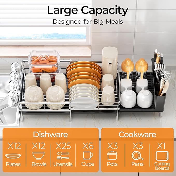 Delamu Stainless Steel Dish Drying Rack, Expandable Dish Drainer, Anti-Rust Large Dish Racks for Kitchen Counter, Dish Strainers with Drainboard, Utensil Holder & Cup Holder, 13.4"-28.7" L x 11.8" W