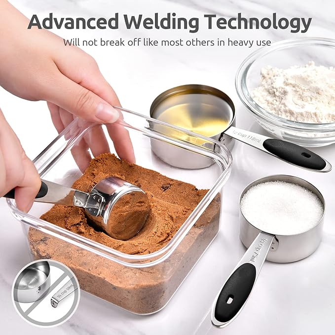 Measuring Cups and Spoons Set: U-Taste 18/8 Stainless Steel 10 Pieces Metal Stacking Kitchen Baking Cooking Food Measure Set 5 Cups 5 Spoons with Strengthened Weld Joints (Black, Upgraded Version)