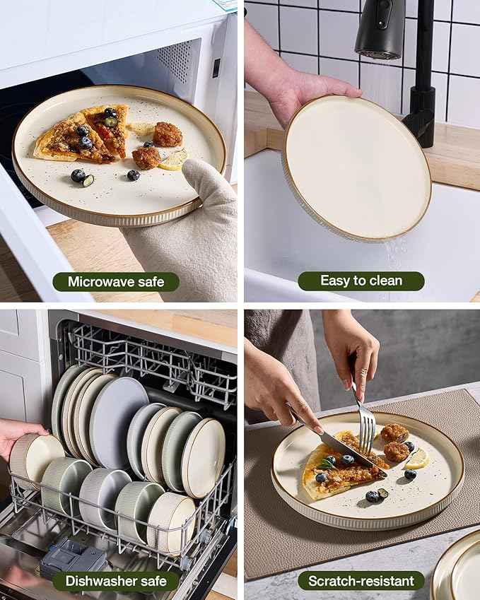 Famiware Star Dinnerware Set, Plates and Bowls Sets for 4 (12pcs), Ribbed Stoneware Dishes with Trim - Chip & Scratch Resistant, Microwave & Dishwasher Safe, Cream