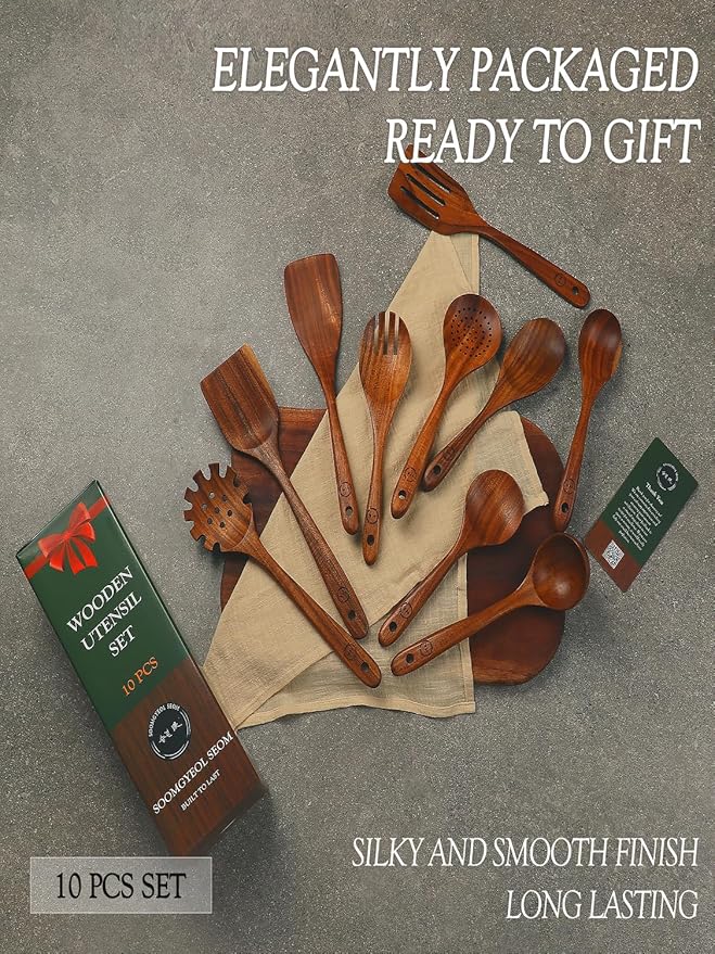 Natural Teak Wood Kitchen Utensil Set - 10 Piece Non-Stick Cooking Spoons & Spatulas, Heat Resistant & Eco-Friendly, Durable Wooden Tools for Nonstick Cookware
