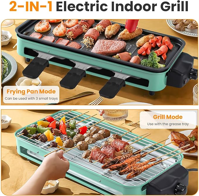 KOCASO 2-IN-1 Indoor Electric Grill, 2000W Electric Indoor Grill & Raclette, 5 Temp Control 176°F-392°F, Removable Non-Stick Plates & 3 Cheese Trays, Dishwasher Safe, for Family Party BBQ