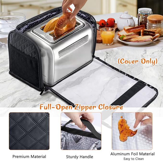 BAGSPRITE Toaster Cover for 2 Slice Wide Slot, Full Open Dust Covers for Kitchen Appliances Compatible with Cuisinart, BELLA, Black and Decker 2 Slices, Toaster Bags with Zipper Closure (Cover Only)