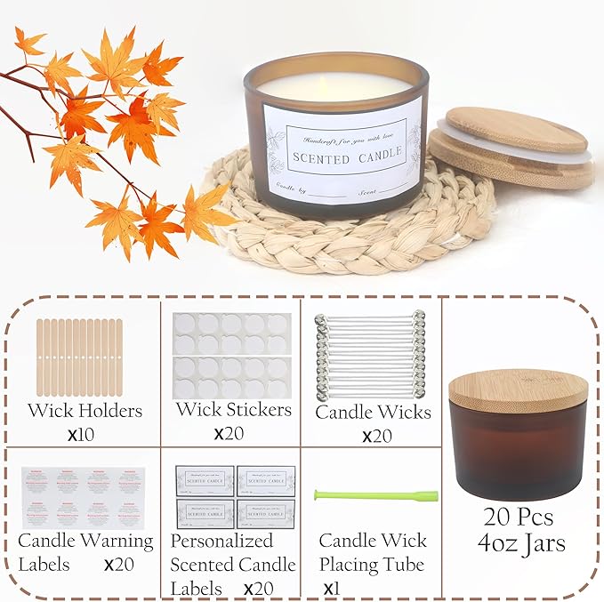 MILIVIXAY 20 Pack 4 OZ Fall Candle Jars with Lids and Candle Making Kits - Bulk Wide Mouth Small Empty Candle Jars for Making Candles - Spice, Powder Containers.