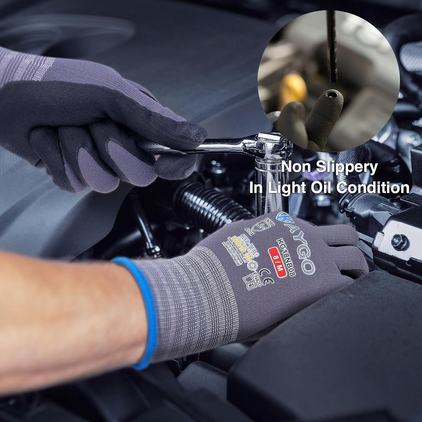 KAYGO Safety Work Gloves MicroFoam Nitrile Coated, 12 Pairs KG18NB,Seamless Knit Nylon Glove for Men and Women, Ideal for Automotive,Warehouse,Construction (Large,Gray)