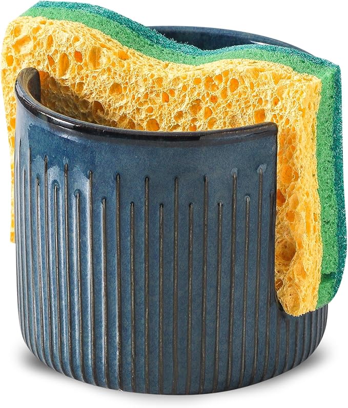 Ceramic Sponge Holder for Kitchen Sink, Scrub Sponge Dish Rack, Farmhouse Compact Sink Caddy Organizer, Glazed Blue