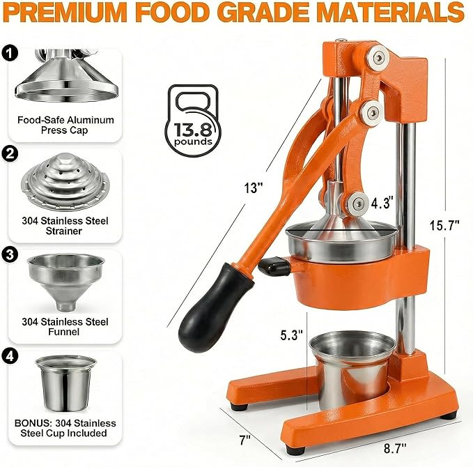Cast Iron Citrus Juicer - 13.8LB Heavy Duty Manual Orange Press, 304 Stainless Steel Cup & Strainer, Professional Lemon Grapefruit Pomegranate Squeezer for Home Bar Kitchen, Orange