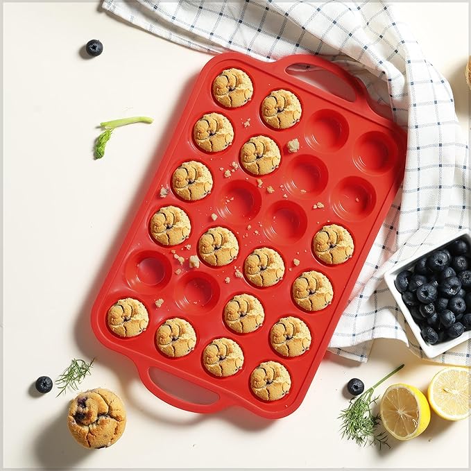 Socisen 24 Cups Silicone Muffin Pan with Metal Reinforced Frame Mini Size Cupcake Pan Tray Egg Bites Silicone Circle Cookie Molds Muffin Tin Tart Pans Baking Sheet Set for Breakfast Sandwiches Round
