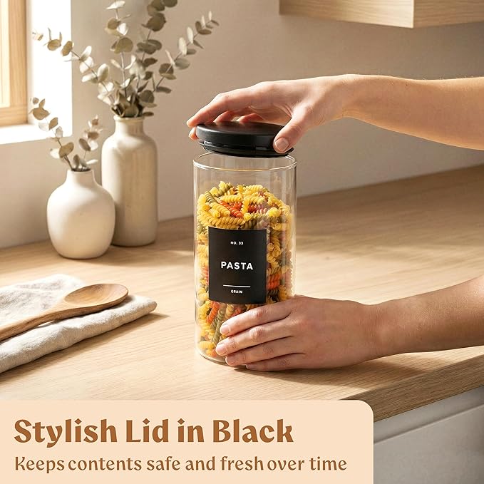 EDELHAUS Glass Storage Containers with Black Lids [4x40oz] Extra Thick Glas with 54 Labels - Canister For Pantry Noodles Flour Cereal Rice Sugar Tea Coffee Beans - Round Set
