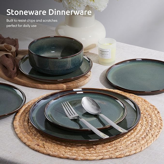 E-far 6-Piece Plates and Bowls Set, Stoneware Dinnerware Sets for 2, Ceramic Dishes Reactive Glaze Dinning Ware, Microwave & Dishwasher Safe - Obsidian Green
