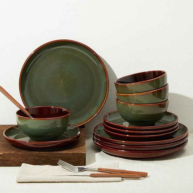 Stoneware Dinnerware Sets for 6, Microwave Safe Plate and Bowl Set, Easy to Clean & Durable Dishes Sets for Small to Medium Families, Sage Green