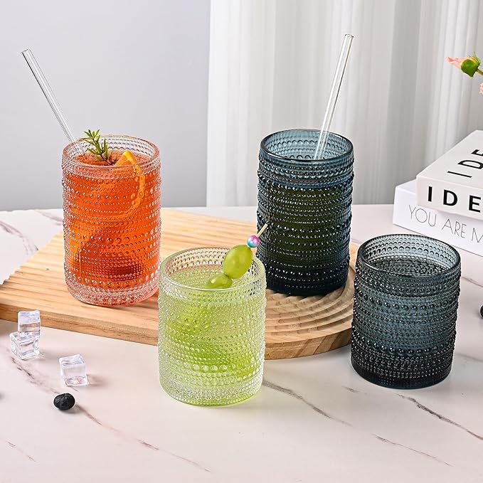 ZMOWIPDL Vintage Glassware Drinking Glasses Set of 12,Blue 12oz & 15oz Hobnail Glass Cups,Embossed Water Tumbler,for Beer,Cocktail,Whiskey,Juice and Various Mixed Drinks- 1 Cleaning Brush