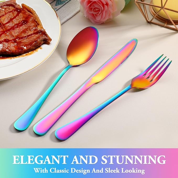 36 Pcs Rainbow Silverware Set with Steak Knives Service for 6,Stainless Steel Flatware Set,Mirror Polished Cutlery Utensil Set, Kitchen Eating Tableware,Include Fork Knife Spoon Set,Dishwasher Safe