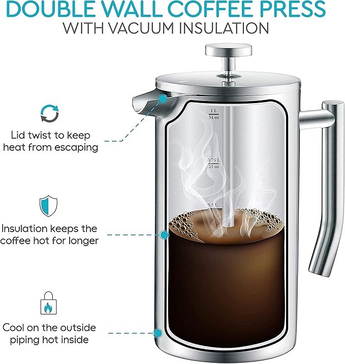 Belwares French Press Coffee Maker - 50oz 6-Cup Capacity, 304 Stainless Steel Coffee Press, Double Wall Insulation Heat Retention, 4-Level Filtration Smooth Ground-Free Coffee, 2 Extra Filters, Silver
