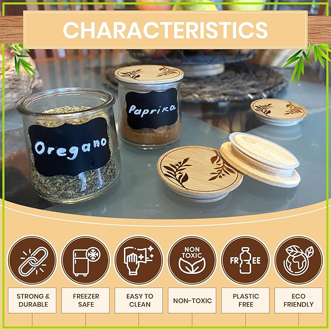 Oui Yogurt Jar Lids Bamboo Olive Branches – 24 Pack Airtight Reusable Oui Jar Covers with Silicone Seal – Oui Yogurt Jar Lids Wood for Yogurt Jars – Includes Chalkboard Labels & Storage Bag