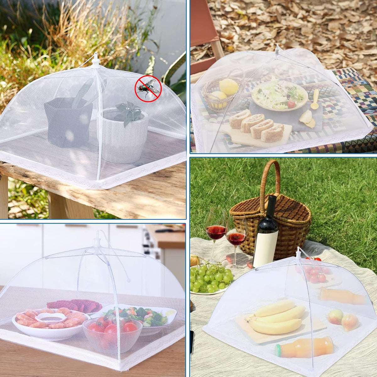 JULBEAR 4 Pcs Mesh Food Cover Tent Large and Tall Umbrella Food Screen Covers for Outside Pop-up Mesh Reusable Food Nets for Parties Picnics Outdoor BBQs Collapsible (2 Pcs 17"x17", 2 Pcs 14"x14")