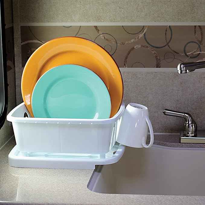 Camco RV Mini Dish Drainer & Tray - Features a Sloped Drain Tray Design, Heavy-Duty Construction - Ideal for Small Spaces, Apartments, Boats, and More -9.5" L x 11.7" W x 4.75" H - White (43511)