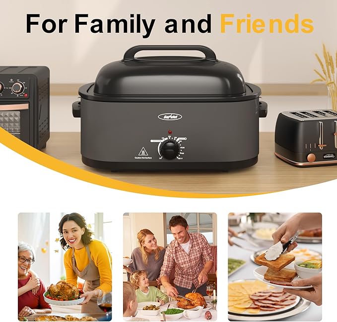 Sunvivi Roaster Oven, Electric Roaster Oven with Viewing Lid, 30lb 26-Quart Turkey Roasters with Unique Defrost/Warm Function, Large Roaster with Removable Pan & Rack, Stainless Steel, Grey