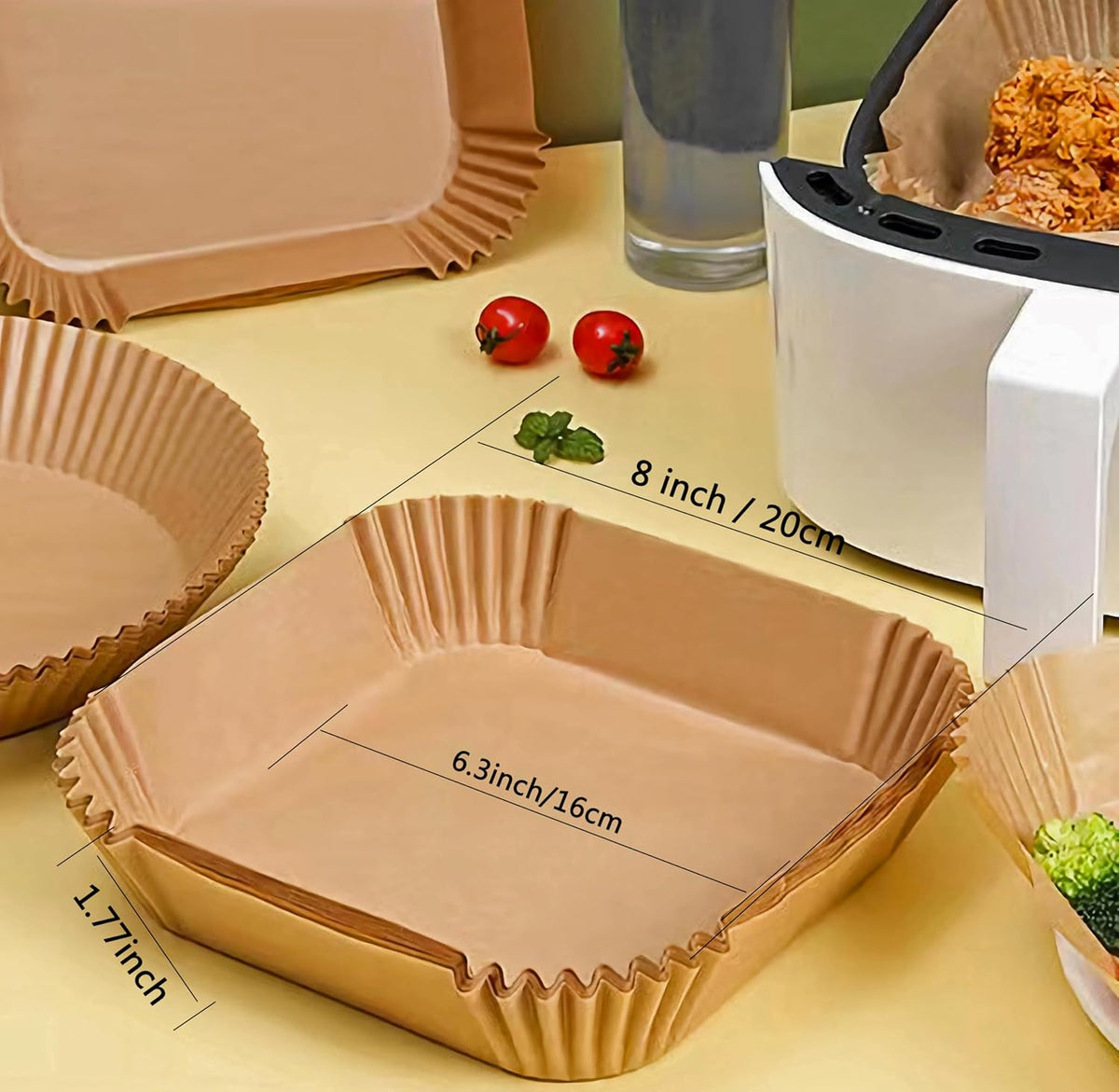 Air Fryer Disposable Paper Liner Square 6.3inch-7.9inch 100PCS Natural Baking Parchment Paper Air fryer liners,Oil-Proof High Temperature,for Air Fryers,Ovens,Pan and Microwaves