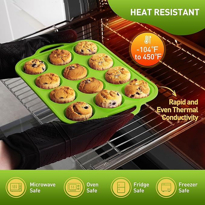 Socisen 12 Cups Silicone Muffin Pan with Metal Reinforced Frame Regular Size Cupcake Pan Tray Egg Bites Silicone Circle Cookie Molds Muffin Tin Tart Pans Baking Sheet Set for Oven Dishwasher Safe