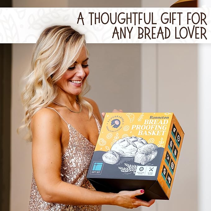 Superbaking 9' Round Banneton Bread Proofing Basket Gift Set– Sourdough Starter Kit for Crusty Artisan Style Loaves, Includes Essential Bread Baking Supplies & Tools - Ideal Gift for Bakers
