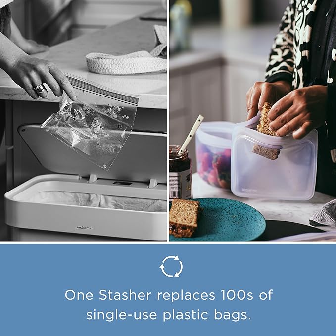 Stasher Silicone Reusable Storage Bag, Pocket Bags 2-Pack, Microwave, Dishwasher, Oven Safe, Sous Vide, Eco Friendly, Leak-free, Food-safe Silicone Snack Bags for Travel, 4 oz, Clear & Deep Ocean | Reusable Food Bags