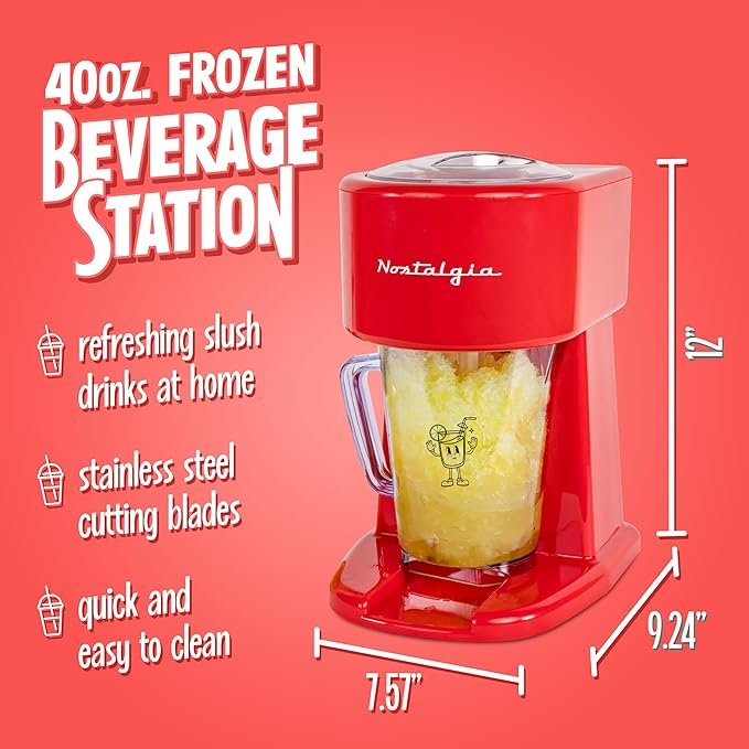 Nostalgia Retro 40-Ounce Frozen Beverage Station - Slushie Machine and Ice Shaver with Automatic Mixing for Soda, Cocktails and Margaritas - Easy & Safe Use - Red