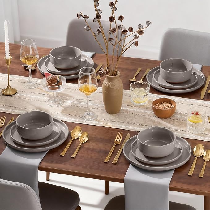E-far 12-Piece Ceramic Dinnerware Sets, Plates and Bowls Sets for 4, Stoneware Dishware Dishes Set with Terracotta Base, Chip & Scratch Resistant, Microwave & Dishwasher Safe, Speckled Khaki