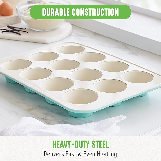 GreenLife 12-Cup Muffin & 13"x9" Cookie Baking Pan Set - Healthy Ceramic Nonstick, Turquoise