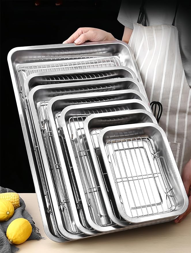 Roasting Pan Heavy Duty Stainless steel Turkey Pans for Oven,Toaster Oven Tray Pans with cooling rack,Hotel Pan, Barbeque Grill Pan,Deep Edge,Mirror treatment, Dishwasher Safe (12.4"x8.5"x2.8")