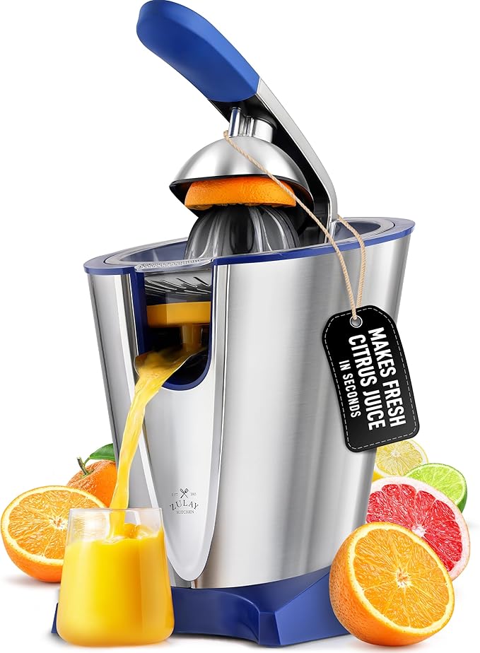 Zulay Electric Citrus Juicer - Makes Fresh Orange, Lemon, Grapefruit, Lime Juice - Stainless Steel, 160W Powerful & Quiet, Interchangeable Cones -Filters Out Seeds & Pulp- Dishwasher Safe Parts - Blue