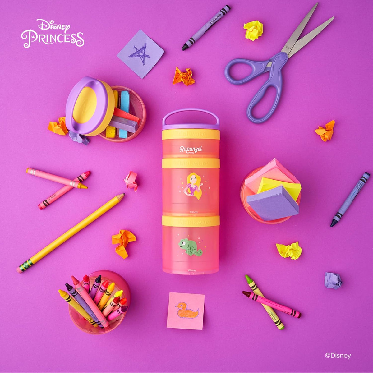 Whiskware Disney Princess Tangled, Stackable Snack Containers for Kids, 3 Stackable Snack Cups for School or Travel, Formula and Cupholder Friendly, Rapunzel and Pascal