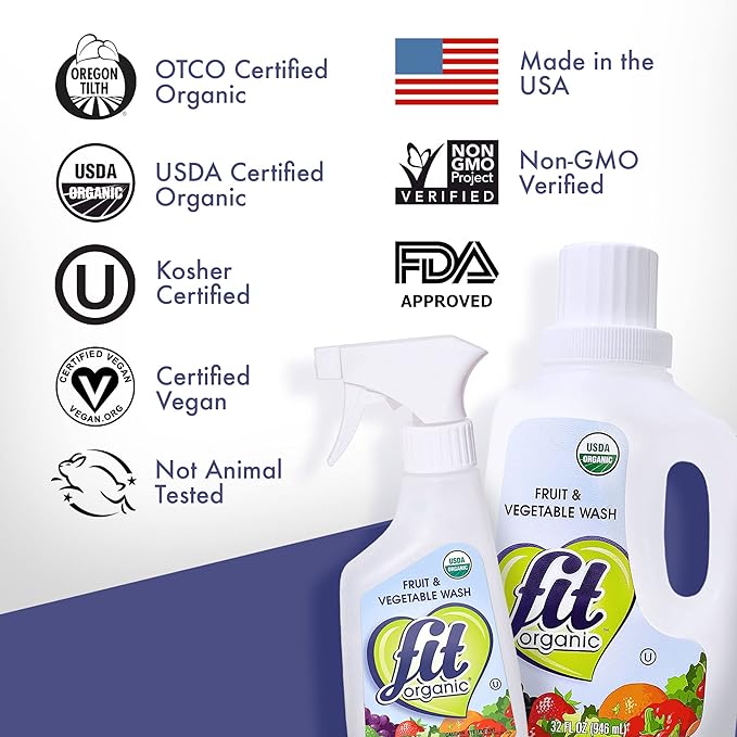 Fit Organic Produce Wash, 32 Oz. Soaker, Fruit and Vegetable Wash & Pesticide/Wax Remover, Transparent
