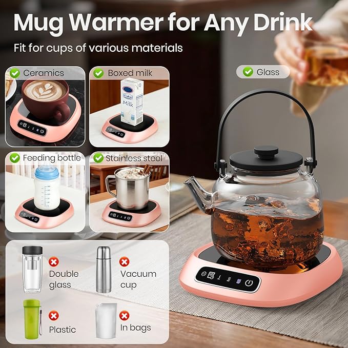 Coffee Mug Warmer, USB Cup Warmer for Desk with 3-Temp Touch Control, 10W Fast Heating Pad for Coffee Tea Milk, 8H Auto-Off, Fits Mugs & Milk Cartons (Pink)
